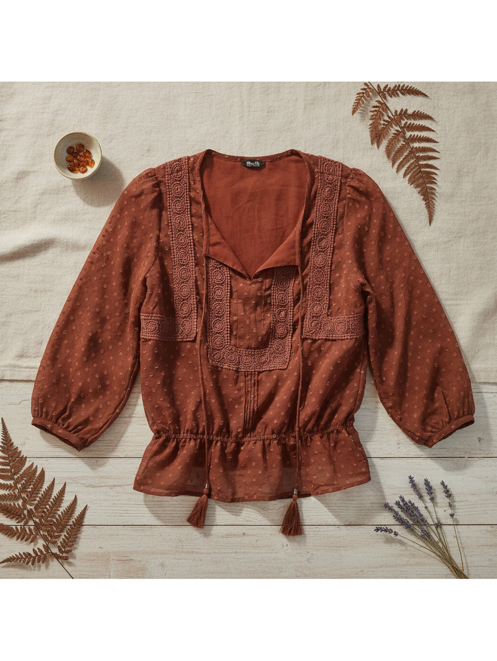Miss Me Spice Brown Swiss Dot Crochet Peasant Blouse - M